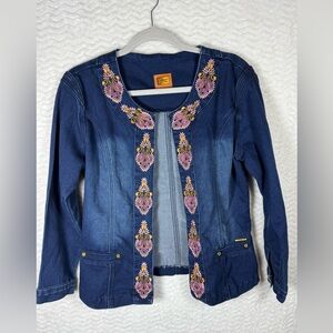 paparazzi Navy Denim Jacket with Pink & Gold Embroidery. Y’all this one is 🔥🧡🤩